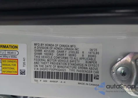 2023 Honda Civic Touring z USA, uszkodzony, nr VIN 2HGFE1F90PH324323